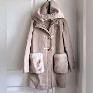 NWT J.Crew Tan Hooded Sherpa Zip Up Toggle Trench Wool Pea Coat Fur Pocket